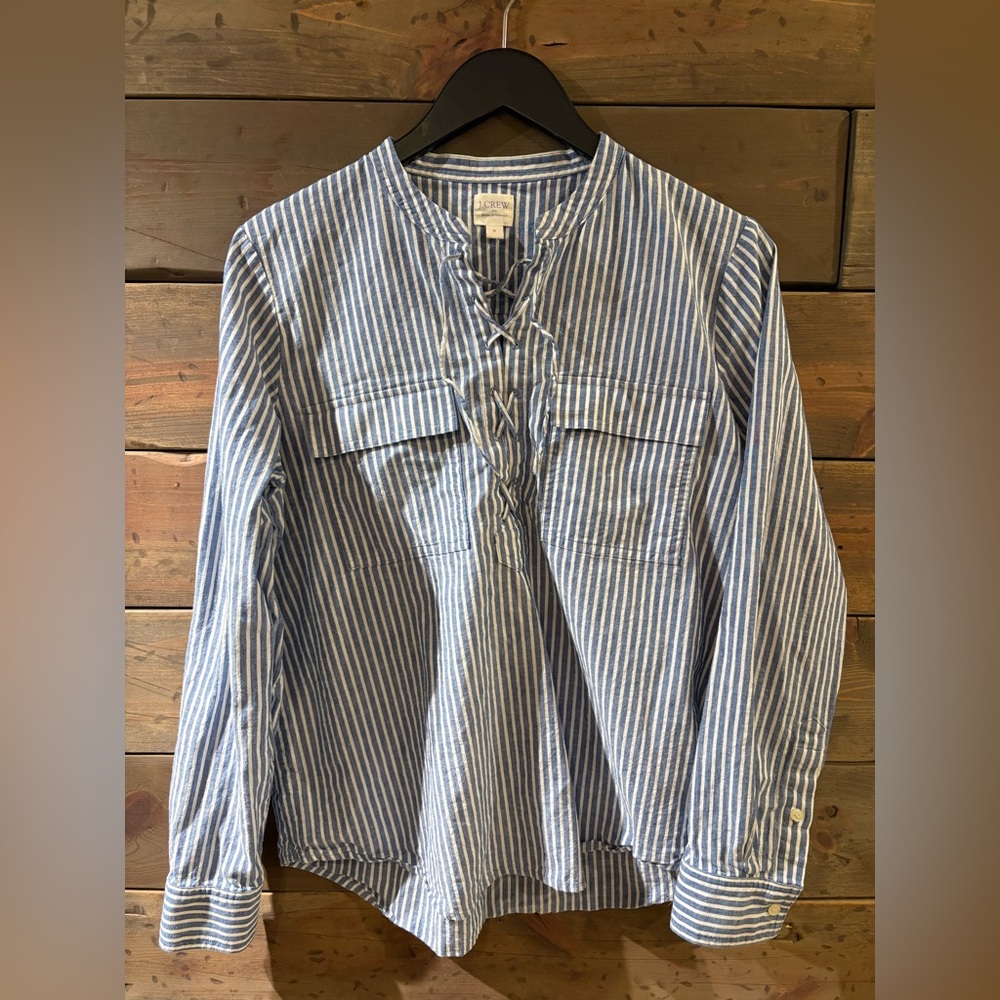J. Crew Blue and White Striped popover blouse